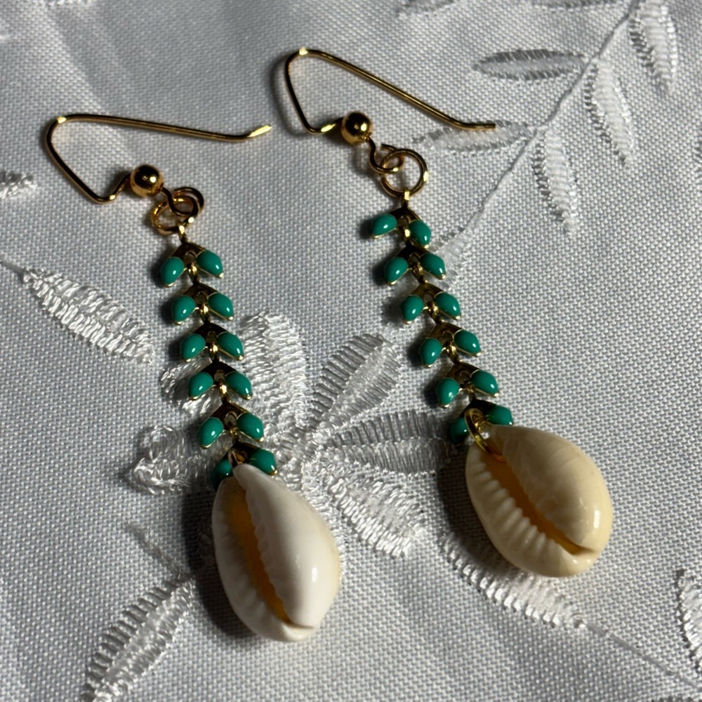 Handmade Cowrie Shell Dangle Earrings on turquoise tone brass chain 2.5 inches